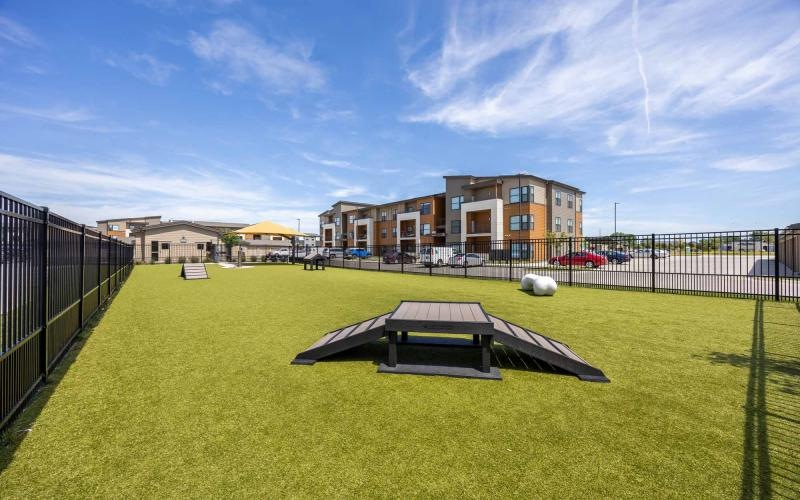 a large grassy area with a trampoline and a building in the background