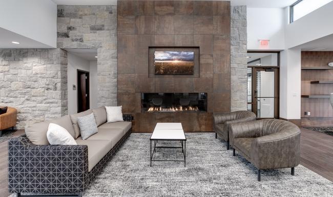 a living room with a fireplace